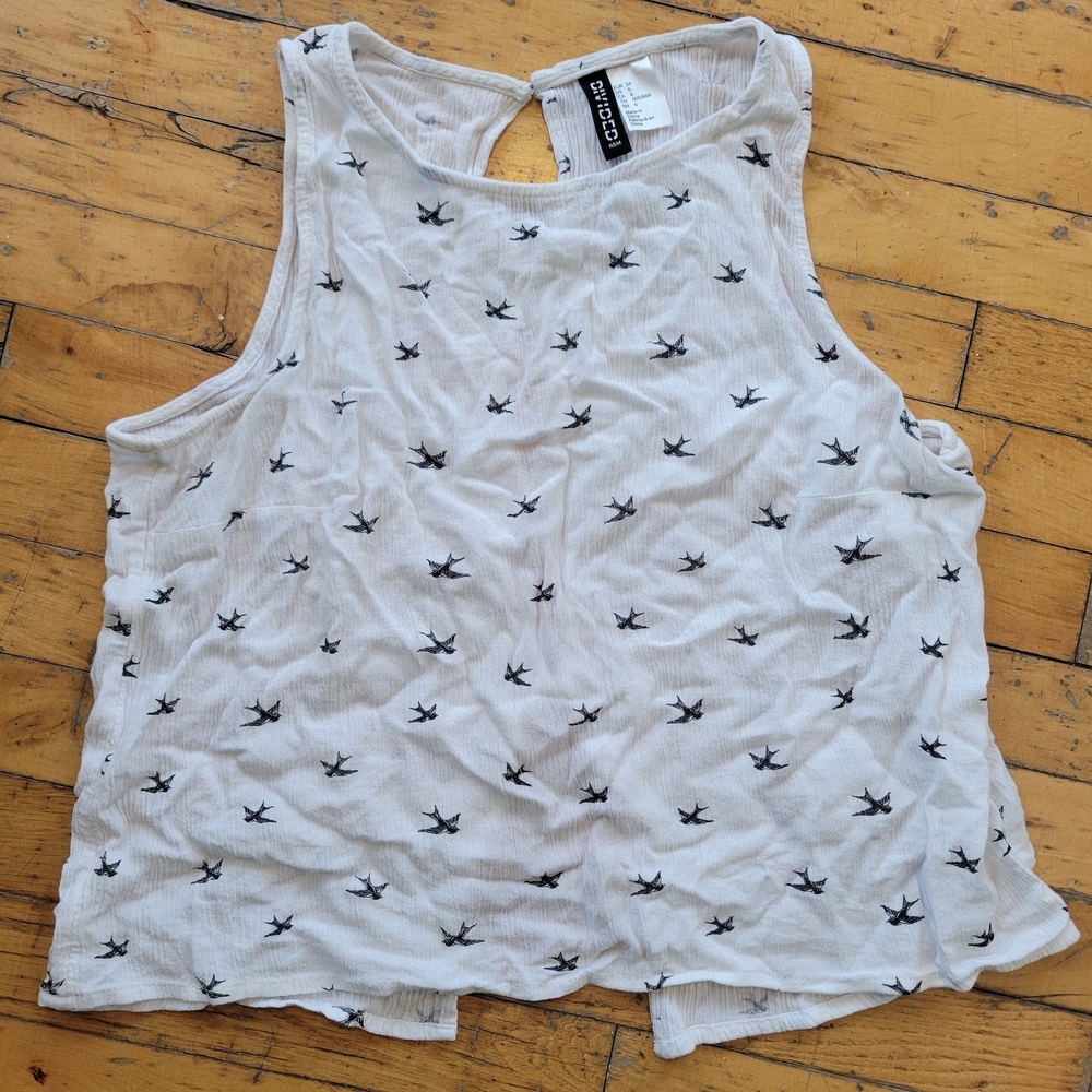 H&M White Tank Top with Black Bird Pattern